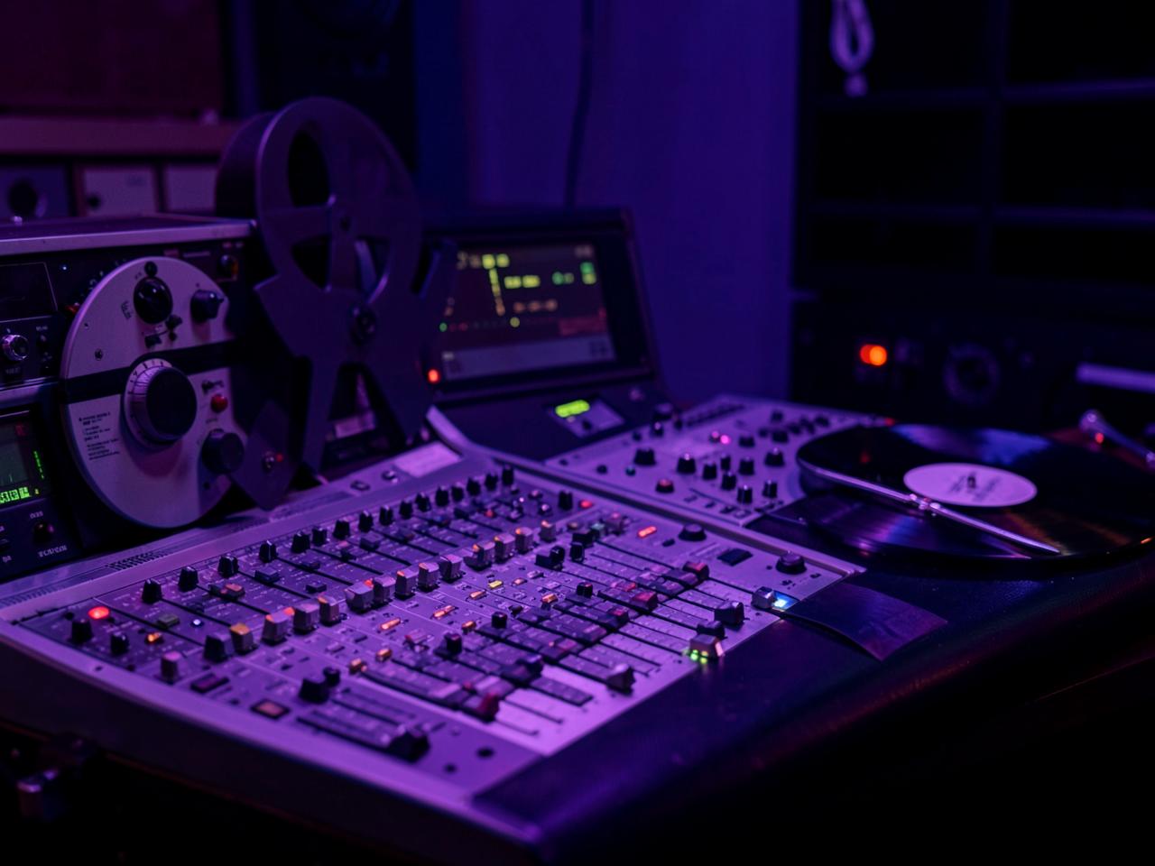 Mor ambiyans ışıklarıyla aydınlatılmış profesyonel müzik stüdyosu